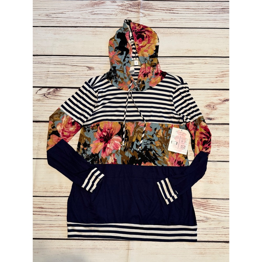 Sew In Love Floral Stripe Mixed Media Hoodie Navy White Small